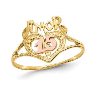 14K Yellow Gold Quinceanera AMOR 15 Heart Ring (Size 7)